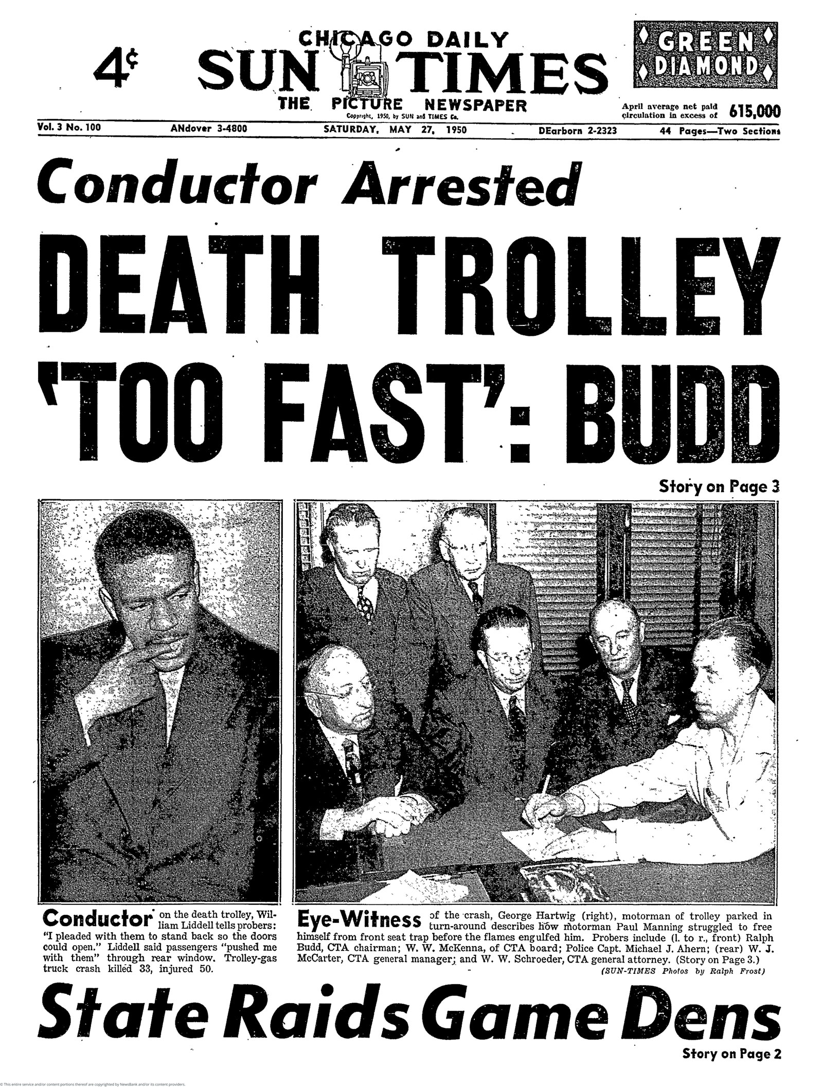 front page paper of trolley crash in 1950.